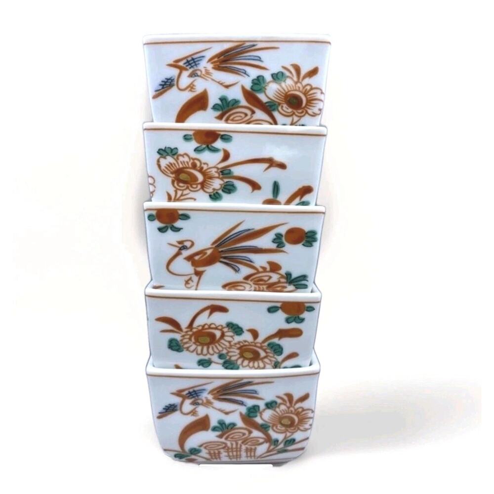 Kutani Ware Tachikichi Akae Square Bowl Set of 5 Japanese